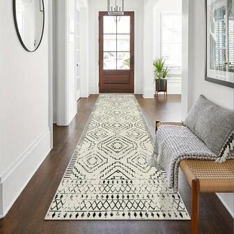 Moroccan Runner Rug, Washable Kitchen Runner Rug, Geometric White Hallway Bathroom Rug Runner, Non-Slip Long Boho Accent Floor Carpet For Bedroom Laundry Bathroom Kitchen Decor Kitchen Rug