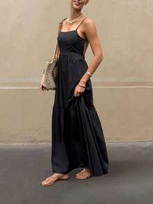 Women's Sleeveless Solid Color Bohemian Style Backless Ruffle Hem Dress, Suitable For Vacation And Casual Outings Black Summer Party Elegant - Black - View 2