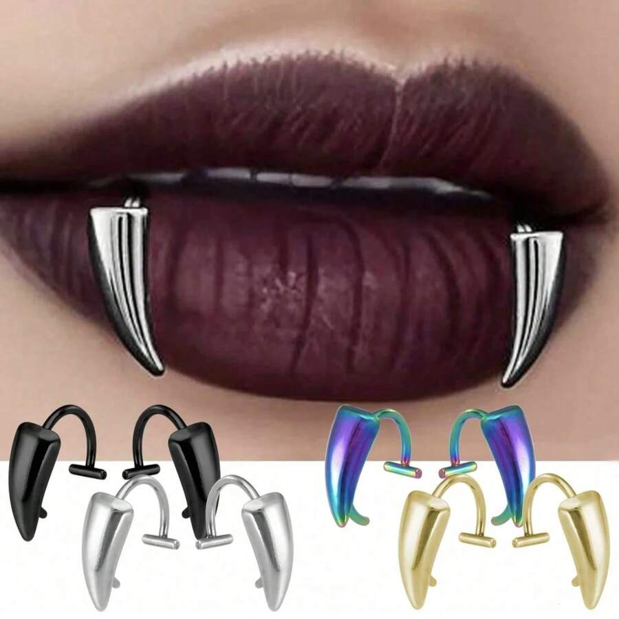 2pcs Halloween Zombie Teeth Vampire Teeth Costume Props Lip Ring Exaggerated Gothic Style Stainless Steel Fake Lip Piercing Stud Ring With Sharp Teeth Design Body Jewelry - Multicolor - View 1