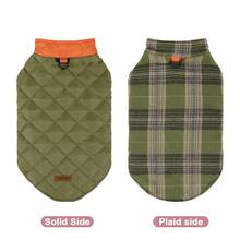 1件可反穿反光格紋狗背心寵物衣，附牽繩扣環，保暖護腹，適合秋冬，適用所有犬種 - 軍綠色 - 查看 2