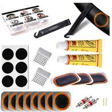 全套53个高品质自行车轮胎修补套件：配备多种工具，包括耐用硫化补片和金属磨料盘，可快速修复爆胎问题，适用于所有自行车，包括摩托车、BMX、山地车、公路车（图案随机）