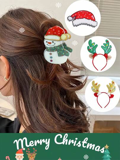 Christmas Hairclip And Headband Set, Includes Reindeer Antlers, Snowman And Santa Hat Elements. Can Be Used As Christmas Decorative Headwear, Small Christmas Gifts, Christmas Party Photo Props, And Christmas Decorations.