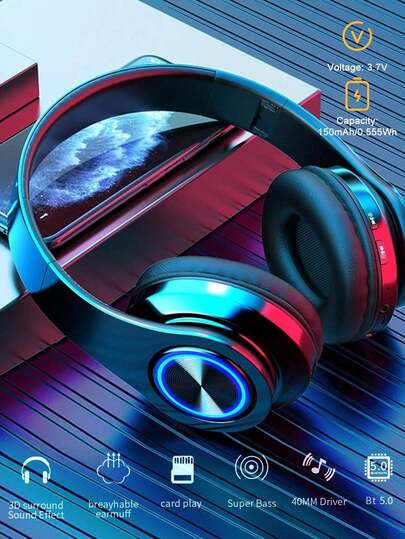 Casque LED RVB, casque sans fil avec microphone, casque stéréo HiFi pliable et léger, casque à bras rétractable, casque filaire, interface AUX 3,5 mm, casque sans fil avec graves puissants