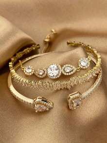rundraw 3件套斋月手镯套装，铜质镀金锆石材质，深受魅力女孩喜爱 - 金色 - 查看 4