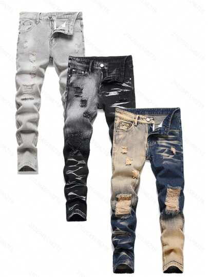[3 Pieces Of Jeans] Boys' Retro Distressed Slim Fit Washed Denim Jeans, Boys' Casual Multi Piece Jeans, All Season Collection