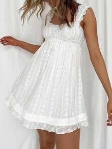 Women's Y2K Floral Embroidery Dress Sleeveless Square Neck Ruffle Loose A-Line Mini Dress Summer Vacation Beach Streetwear - trắng - Xem 5