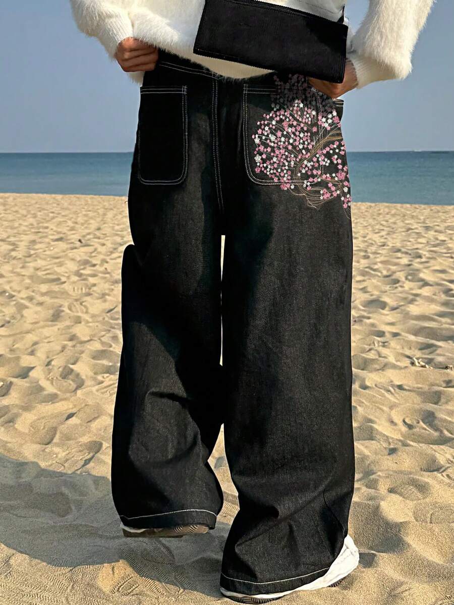 大码时尚花卉刺绣复古宽腿宽松牛仔裤 - 黑色 - 查看 1