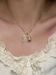 1pc Minimalist Cubic Zirconia Heart Gemstone Initial Letter DIY Necklace, Customized Simple Letter Name Necklace, Stainless Steel Initial Pendant Necklace, Fashionable, Casual, Personalized, Unique Gift For Girlfriend, Mom, Family, Friend, Anniversary, Valentine's Day, Mother's Day, Birthday, Graduation, Daily Wear, Wedding, Party - Gold - View 6