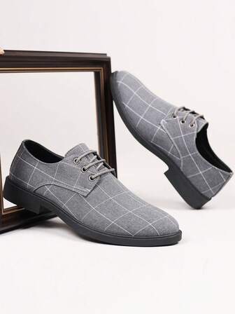 男士正式格子系带休闲皮鞋，简约设计商务鞋，厚底低帮系带男士休闲鞋，适合西装、条纹、正式场合、户外街头风格，优雅的英伦鞋