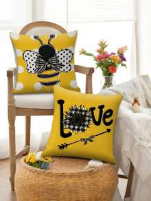 1PC Yellow Sunflower Bee Bow Digital Printed Linen Pillowcase, Living Room Sofa Cushion - Multicolor - View 3