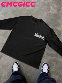 EMCGICC Street Life Men's Y2k Style (250 Cotton T-Shirt) Long Sleeve Shirt, Cotton Graphic T-Shirt, Men's Hip Hop Style - Long Sleeve T-Shirt, Fun Vintage Shirt, Regular Fit, Street Style, Halloween, Digital Print, Ideal Gift - 黑色 - 查看 3