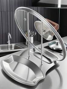 1pc Stainless Steel Pot Lid Organizer - No Drill Countertop Stand Utensil Hooks & Removable Drip Tray