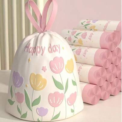 100 个郁金香图案抽绳垃圾袋，厚塑料垃圾袋，适用于厨房、家庭、宿舍、汽车，多种颜色可选