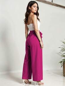 Pantalón Cintura Alta con Lazo Decorativo Estilo Fluido Corte Amplio Pierna Ancha Diseño Cruzado Femenino Casual y Elegante Moda Mujer - Rosa Fucsia - Ver 4