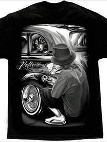 Men's T-Shirt With Digital Print Of 220 G From DGA Art "Reflections Lowrider Skull" - 黑色 - 查看 2