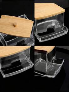 1 Stück klarer Acryl Wattestäbchen Halter mit elegantem Holzdeckel - schlanker Badezimmer Organizer Behälter für Wattestäbchen & Pads, robuster Kunststoff Make-up Aufbewahrungsbehälter