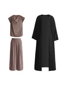 Set 3 buc: halat elegant pentru femei cu mâneci tip liliac + top fără mâneci + pantaloni 3/4 lejeri, material textil lejer, stil musulman Dubai, potrivit pentru întâlniri de toamnă/iarnă, ceai de după-amiază, petreceri