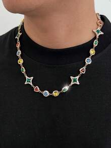 1 pieza Collar de cristal geométrico multicolor vintage y lujoso, collar de cadena geométrica personalizado para hombres, accesorio de atuendo diario y de fiesta, collar para parejas, regalo para vacaciones - Collar geométrico de diamantes de imitación - Ver 12