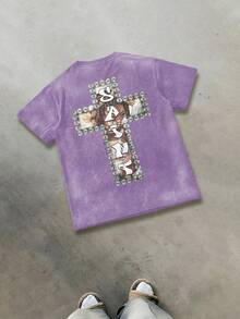T - Shirt Combining Faith And Fashion: Cherub Print T - Shirt Printed T - Shirt, 230g Washed Care Label T - Shirt, Unisex Acid - Washed Cotton Printed T - Shirt, Vintage Washed T - Shirt, Crew - Neck T - Shirt, Machine - Washable, Casual Summer Outfit, Men's Loose - Fit T - Shirt - Màu tím  Violet - Xem 3