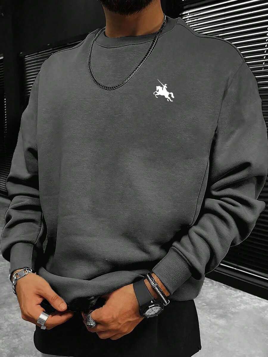 Men's Casual Loose Fit Printed Long Sleeve Crew Neck Sweatshirt, Spring/Autumn - Dark Grey - View 1