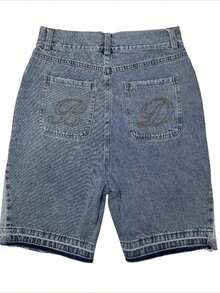 Basic Denim Shorts, Y2k Vintage Washed Light-Colored Denim Capri Pants, High-Waisted Loose Straight-Leg Wide-Leg Shorts/Shorts, Summer Outfits,4th Of July Outfit Women - 藍色 - 查看 2
