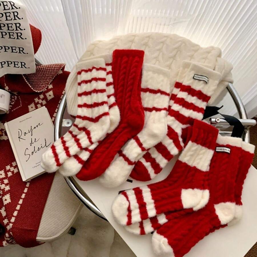 1 Pair Winter & New Year Wool Blend Striped Mid-Calf Socks For Women, Warm & Soft Fleece Lined Christmas Red Socks - Multicolor - View 1