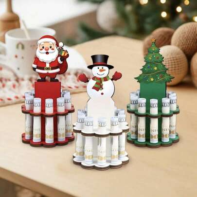 1 pezzo/3 pezzi Fermasoldi di Natale in legno, torta di denaro fatta a mano, a doppio strato con 10 fori a forma di Babbo Natale, pupazzo di neve, albero di Natale, regalo personalizzato di monete e contanti