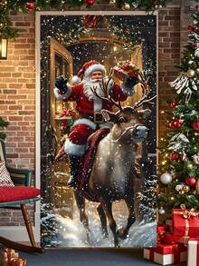 1pc Christmas Santa Claus & Rabbit Snowy Landscape Polyester Door Banner, Holiday Hanging Decor, Suitable For Christmas New Year Home/Shop Door Wall Decoration - Multicolor - View 9