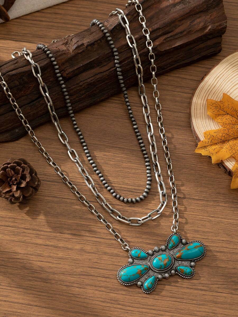 Mehrschichtiges bohemisches Türkis-Perlen-Ketten-Halskette, vintage Mode personalisiertes Accessoire, geeignet zum Kombinieren mit Kleidung, für den täglichen Gebrauch und Feiertage - Türkis - Übersicht 1