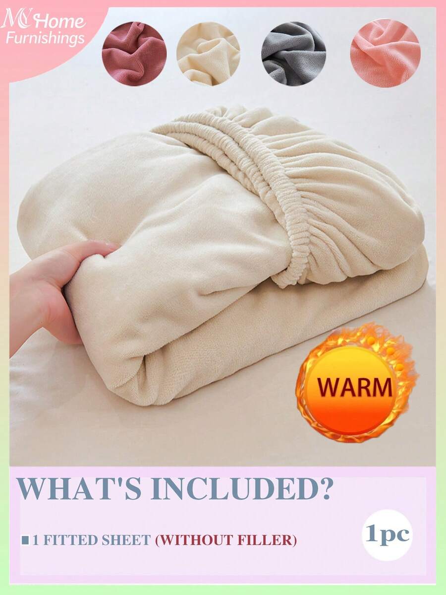1pc Solid Color Crystal Velvet Fitted Sheet, Bedding, Mattress Protector, Bed Cover, Fitted Sheet, Comfortable Warm Home Textile, Anti-Pilling, Soft Skin-Friendly For Boys Girls Student Dorm Bedding, Machine Washable - Multicolor - View 1