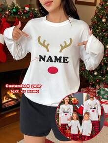 Christmas Elements Graphic Customized Long Sleeve T-Shirt, Autumn Round Neck Long Sleeve Tops, Customizable Text Images, Fall, Winter - White - View 1