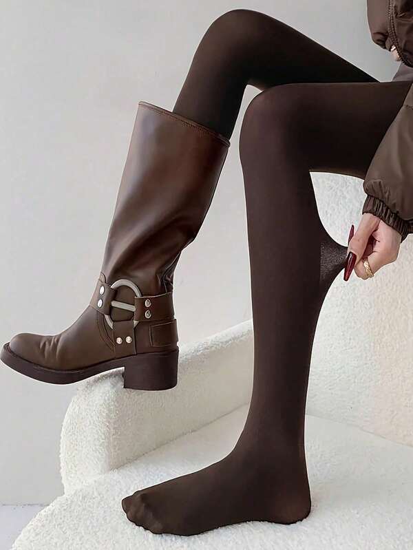 Women's Dark Coffee Brown Soft High-Waisted Stretch Slim-Fit Velvet Stockings, Cozy