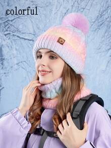 Women's Knitted Hat & Scarf 2 Pieces Set, Warm, Thick, Ombre Color, Fashion Versatile Beanie, Autumn/Winter Autumn Outfits Fluffy