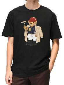 PLUS SIZE Teddy Bear Polo Player Tee , Men's Double-Sided Printed Fashionable Casual Crew Neck 220gsm Pure Cotton T-Shirt(1 PC) - 黑色 - 查看 2