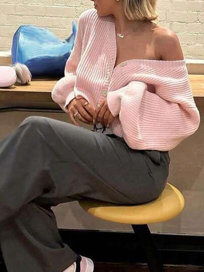 FOR BEAUTY Women Spring Autumn New V-Neck Button Front Lantern Sleeve Knit Cardigan, Cropped Loose Comfy Pink Sweater Coat,Summer Top Casual