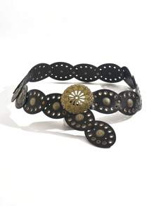 1pc Western Cowboy Bohemian Style Country Belt, Women's Fashion Accessory, Retro Bronze Floral Hollow Buckle Oval Belt Waist Chain, Bohemian Style Belt And Dress Accessory Halloween Valentine's Day Valentines Summer, School - Brown - View 2