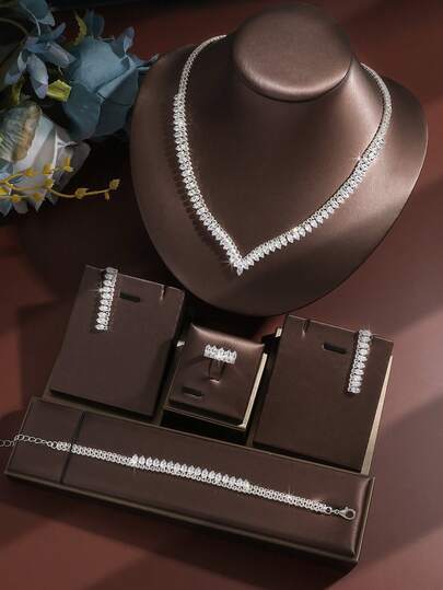 5pcs Luxury Zirconia Necklace, Earrings, Bracelet, Ring Jewelry Set, Suitable For Women's Daily Commute, Banquet, Party, Elegant, Fashionable, High-End, Versatile Accessories