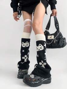 1双Y2K五角星腿套，不对称猫星腿套，洛丽塔风格加厚针织腿套，及膝长筒腿套，适合秋冬季节，舒适保暖 - 黑色 - 查看 4