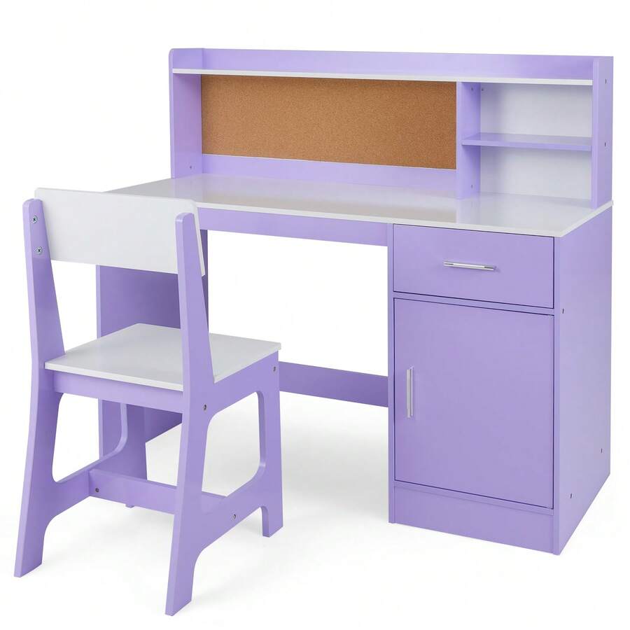 Lifezeal Kids Study Desk And Chair Set Wooden Children Writing Table With Shelves & Drawer - Purple - View 1