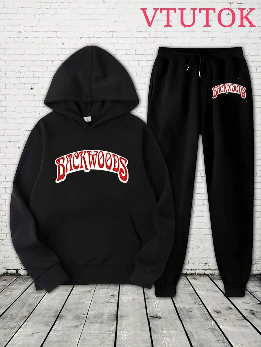 Men's Casual Printed Hoodie And Sweatpants Set, Autumn And Winter Men's Sportswear, Men's Fashion  Sportswear Printed BACKWOODS - màu đen - Xem 1