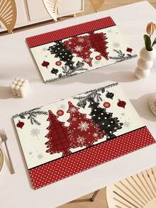 2-4 Set Holiday Christmas Placemat Set, 12x18 Inch, Red & Christmas Tree Design, Durable Polyester, Rectangular Placemat For Festive Dining Decoration, Christmas Dining Accessories | Seasonal Decoration |