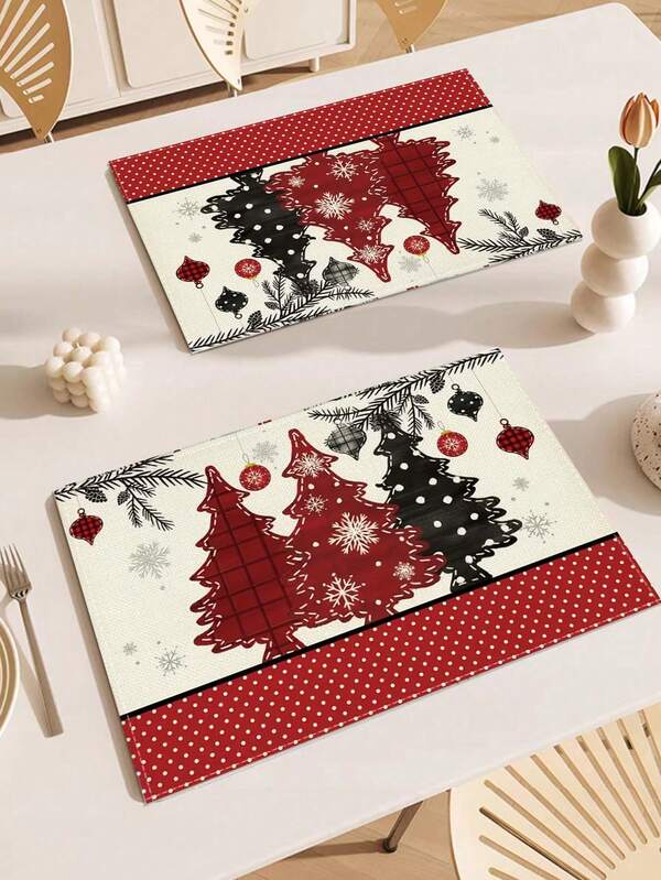 2-4 Set Holiday Christmas Placemat Set, 12x18 Inch, Red & Christmas Tree Design, Durable Polyester, Rectangular Placemat For Festive Dining Decoration, Christmas Dining Accessories | Seasonal Decoration |