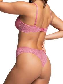 Lace Lingerie Set: Underwired Bra With Lining And Veronica Thong Panties - Pink - View 4