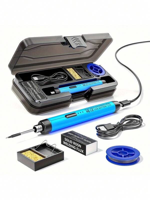 Soldador inalámbrico, 3 ajustes de calor, carga USB, flux, soporte, estuche de almacenamiento