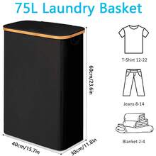 Laundry Basket With Lid, Narrow Laundry Hamper With Removable Bag, Skinny Dirty Clothes Basket With Bamboo Handles For Bathroom, Bedroom & Laundry Room - Black - View 3