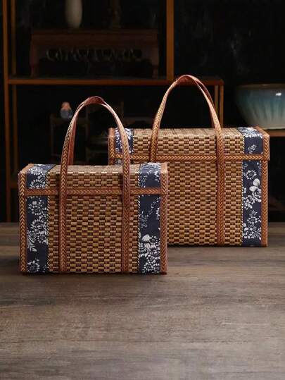 1pc Bamboo Basket Gift Box, Foldable Bamboo Basket For Outdoor Picnic, Rustic Woven Bamboo Product With Classic Handmade Appeal, Durable Craft, Portable Carry Handle, Lightweight And Foldable Design, Ideal For Gift Giving, Garden Parties, Beach Meals, Summer Picnics, Outdoor Gatherings, Country Chic Home Decor Accessory, Versatile Storage And Presentation Box