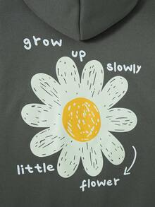 女童休闲花卉印花拉链落肩连帽卫衣夹克，秋冬 - 深灰色 - 查看 7