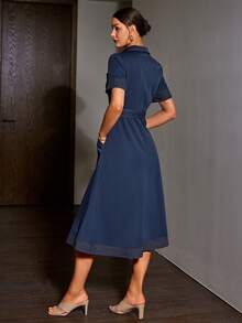 Sollinarry Women's Spring/Summer Denim-Like Collared Contrast Color Button Front Pocket Belted Casual Short Sleeve Dress, Vintage Style, Teacher Outfits For Women - Blue - View 6