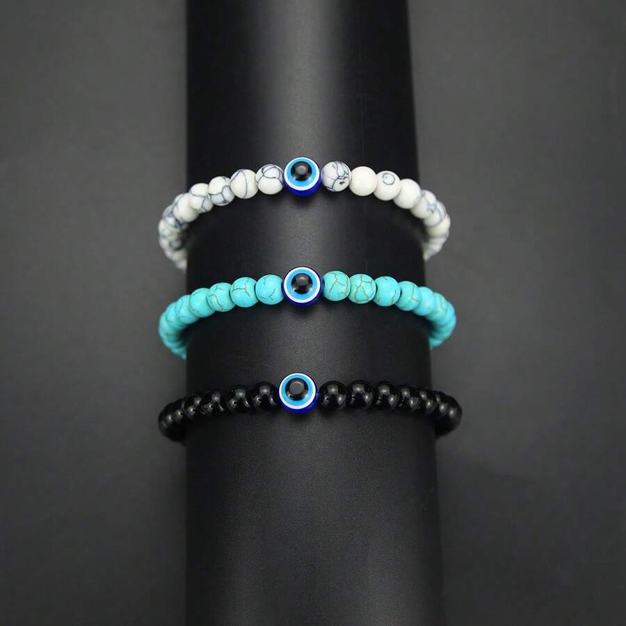 PHCOO 3pcs/Set Evil Eye Beaded Bracelet, Multi-Color Beads, Minimalist Blue Eye Beaded Bracelet Jewelry, Unisex Elastic Turquoise Beaded Bracelet Set, Evil Blue Eye Beaded Bracelet