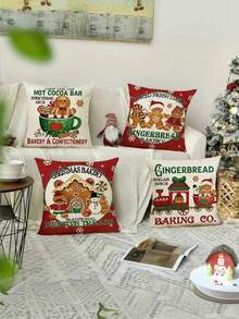 4 piezas Funda de cojín con diseño de hombrecillo de jengibre navideño, estilo lindo de poliéster suave, decoraciones festivas, funda de cojín perfecta para decoración navideña, invernal, rústica para sofá, dormitorio, sala de estar, cama, hogar, regalo de Navidad